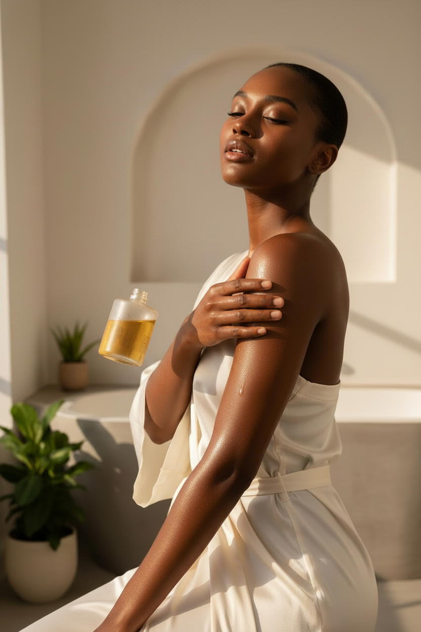 Person of color holding body oil product